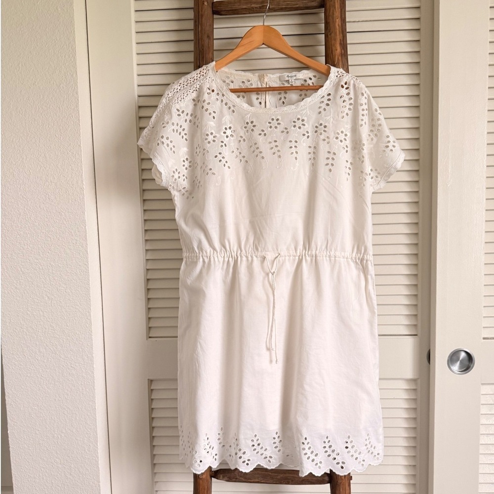 Madewell Eyelet Mini Dress Womens Small White Good Floral‎ Drawstring Waist